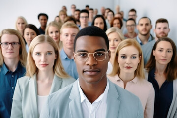 Fototapeta premium Man stands confidently in front of group of people. This image can be used to represent leadership, public speaking, teamwork, or presenting ideas to audience