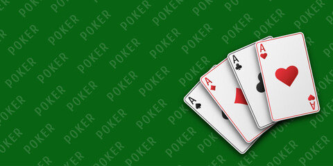 Poker concept. Hand fan of playing cards consisting of four white Ace of Spades, Diamonds, Clubs, Hearts. Vector illustration on a green table.