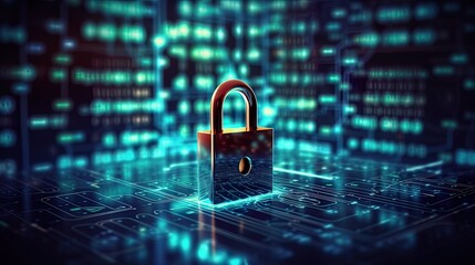 Lock positioned against a luminous backdrop of blue and green glowing data. Concept of essence of cybersecurity, symbol of safeguarding personal information. Digital safety awareness.