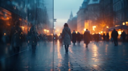 Blurred fast movement of people on a winter street by Generative AI