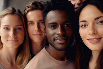 Obraz premium Group of young individuals standing next to each other. Friendship, teamwork, diversity, or social gatherings