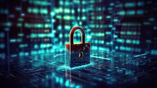 Lock positioned against a luminous backdrop of blue and green glowing data. Concept of essence of cybersecurity, symbol of safeguarding personal information. Digital safety awareness.