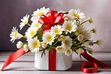 A bouquet of white daisies in a gift box with red satin ribbons on a light background. Gift for Valentine's Day