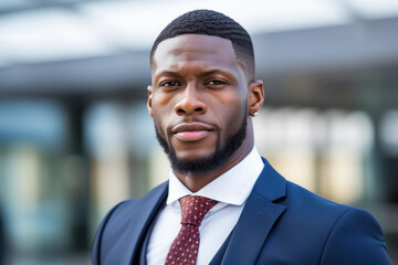 Professional man wearing suit and tie, standing in front of building. This image can be used to depict success, business, or corporate concepts