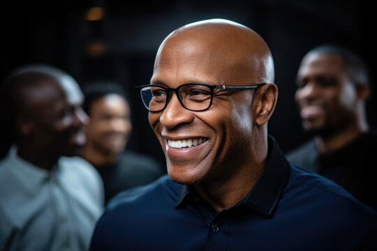 Picture of man with glasses smiling confidently as he stands in front of group of men. This image can be used to represent leadership, teamwork, and professional success