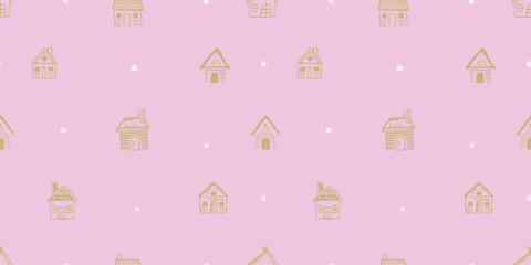 Hand drawn winter house seamless pattern illustration. Vintage style cabin drawing background for festive xmas celebration event. Holiday gingerbread home texture print, december decoration wallpaper.
