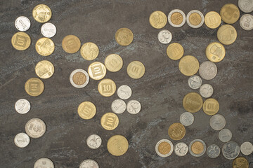 Israel's new shekel (NIS) coins in heap. Israel currency Money cash coins of various denominations and Concept financial diversity of numismatics. value of different coin nominations. - obrazy, fototapety, plakaty