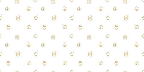 Hand drawn winter house seamless pattern illustration. Vintage style cabin drawing background for festive xmas celebration event. Holiday gingerbread home texture print, december decoration wallpaper.