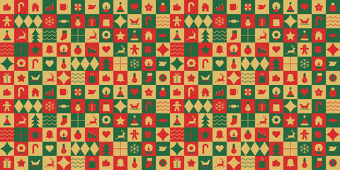 Fototapeta premium Modern geometric christmas mosaic seamless pattern. Abstract xmas holiday icon background with traditional winter decoration. Festive party invitation texture, minimalist december event print.