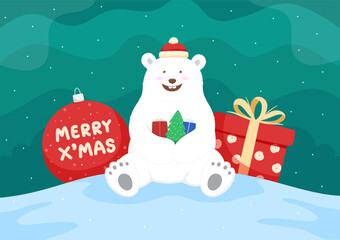 Christmas card with polar bear, Merry Christmas and New Year