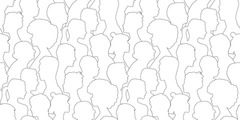 Diverse people crowd silhouette abstract art seamless pattern. Multi-ethnic community, cultural diversity group background drawing illustration in black and white. - obrazy, fototapety, plakaty
