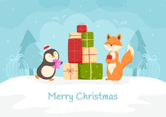 Christmas party scenes with penguin and fox, Merry Christmas and New Year