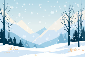 Winter simple landscape. Trees without leaves, snowdrifts, spruce and pine trees against the background of mountains covered with snow in snowy weather with beautiful snowflakes. Christmas or New Year - obrazy, fototapety, plakaty