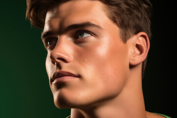 Obraz premium Close up photograph of young man wearing green shirt. This image can be used in various contexts