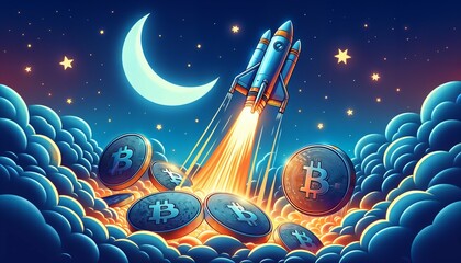 Bitcoin to the moon concept with the rocket symbolizing price increase and inflation hedge - obrazy, fototapety, plakaty