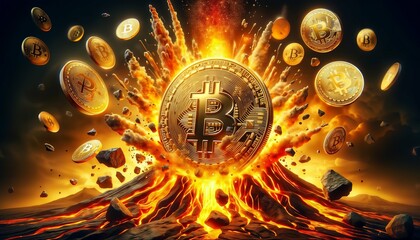 Bitcoin price exploding with coins scattered around from volcano - obrazy, fototapety, plakaty