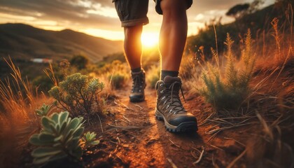 Active hiker on mountain trail: close-up of leather boots in motion, foot raised and planted on rocky path