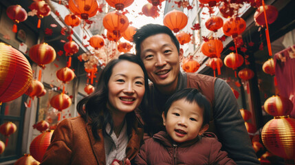 Smiling Asian family gathers for Lunar New Year celebration, joy and laughter. Red envelopes, gifts, lanterns create a warm atmosphere. Traditional Chinese culture in a modern. Happy Holiday concept