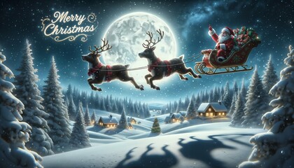 Merry Christmas postcard scene with Santa Claus on sleigh in a starry night sky with reindeer