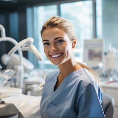 mecanico dentista y laboratorio dental.Retrato de una dentista en su consulta en clinica dental. - obrazy, fototapety, plakaty