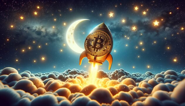 Bitcoin to the moon concept with the rocket symbolizing price increase and inflation hedge