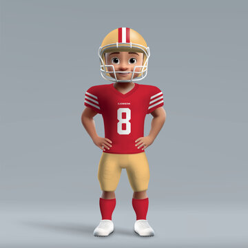 3d cartoon cute young american football player in San Francisco uniform.