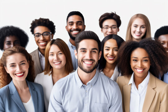 Group of people standing together in front of white background. This image can be used for various purposes and projects