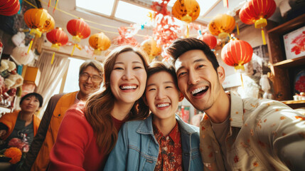 Smiling Asian family gathers for Lunar New Year celebration, joy and laughter. Red envelopes, gifts, lanterns create a warm atmosphere. Traditional Chinese culture in a modern. Happy Holiday concept