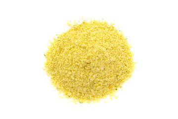 Chicken broth powder isolated on white background, top view. Aromatic seasoning of chicken broth with vegetables isolated on white background, top view. Powder chicken, top view.