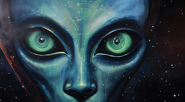 Illustration of a mystical alien being with large eyes set against a cosmic backdrop.