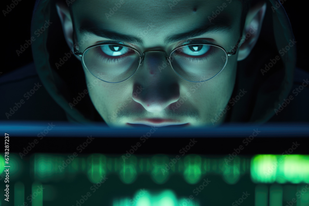 Poster man wearing glasses is focused on looking at computer screen. this image can be used to depict someo