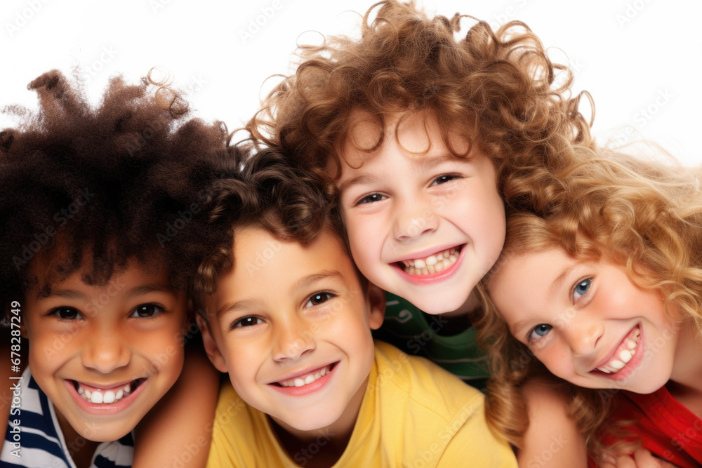 Poster group of children gathered together and posing for picture. this image can be used to capture joy of