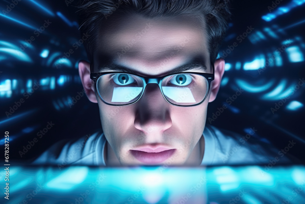 Poster man wearing glasses is focused on computer screen in front of him. this image can be used to represe
