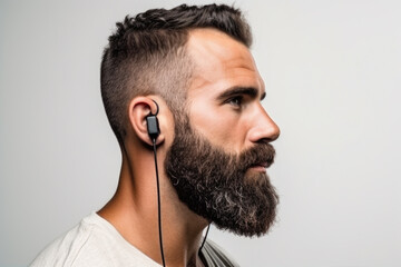 Man with beard wearing pair of headphones. Perfect for music enthusiasts or podcasters - obrazy, fototapety, plakaty