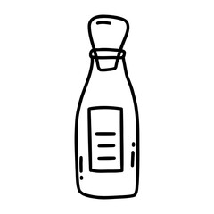 Vintage small bottle with cork, jar for drinks, spices, potions. Black and white vector isolated illustration hand drawn doodle. Love potion, magic elixir, container with label icon