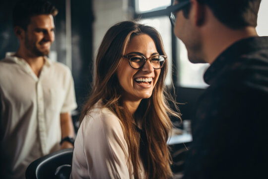 Woman with glasses is smiling at man wearing white shirt. This picture can be used to depict friendly interaction or romantic moment between two people