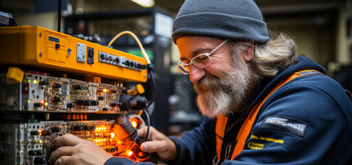 portrait of Electrical and Electronic Inspector , Inspect & test electrical & electronic systems, such as radar navigational equipment, computer memory units, television and radio transmitters - obrazy, fototapety, plakaty