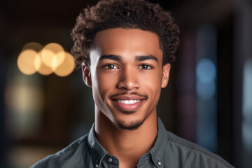 Young man with curly hair smiling at camera. Suitable for use in advertisements, social media posts, and website content