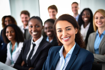 Fototapeta premium Group of business people standing together in front of computer. This image can be used to represent teamwork, collaboration, or meeting in professional setting