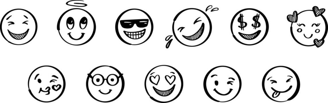 Doodle positive emoji set. Hand drawn sketch vector illustration. Pack of different expressions emoticons.