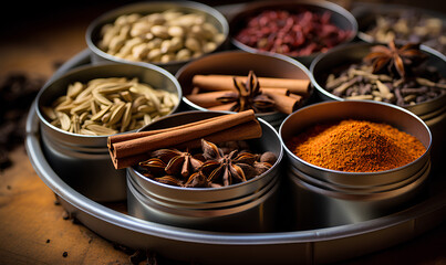 Aromatic Ensemble: Overhead View of Indian Chai Spices in Metal Tins - obrazy, fototapety, plakaty