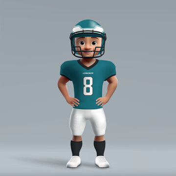 3d cartoon cute young american football player in Philadelphia uniform.