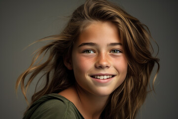 Fototapeta premium Young girl with long brown hair smiling at camera. Perfect for advertisements, lifestyle blogs, and social media posts