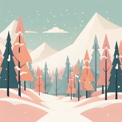 7. Card design for Christmas. Vector illustrations with forests and mountains with snow mountains and trees and the sun visible. Generative AI