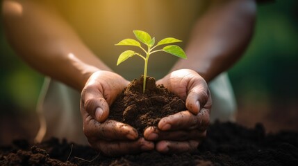 hold young tree ready to grow in fertile soil, prepare for plant and reduce global warming, Save world environment , save life, Plant a tree world environment day, sustainable , volunteer