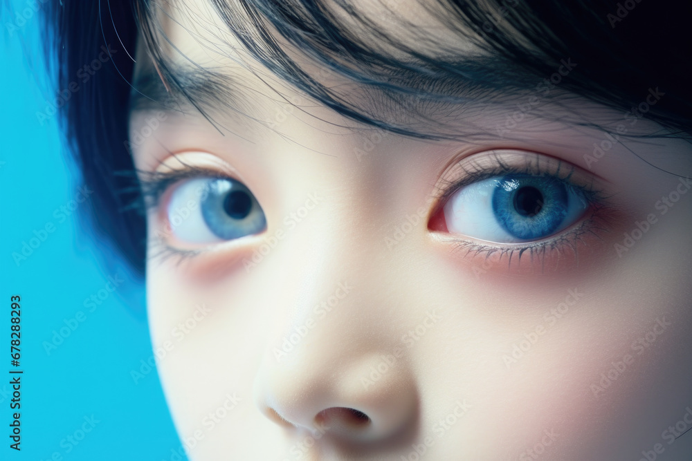 Poster detailed close-up of doll's face with captivating blue eyes. perfect for various projects that requi