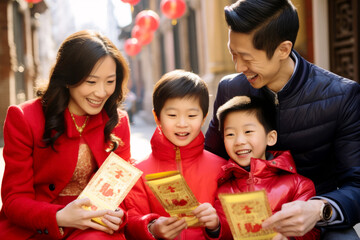 Smiling Asian family gathers for Lunar New Year celebration, joy and laughter. Red envelopes,...