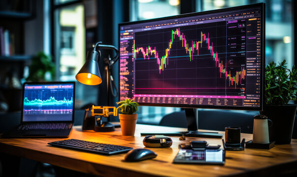 Modern Trading: Office Desk Equipped with AI for Stock Market Analysis