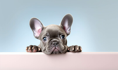 Closeup portrait of funny, cute, happy white dog, looking at the camera with mouth open isolated on colored background. Copy space.