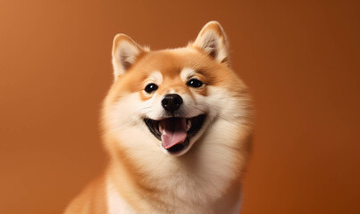 Obraz premium Shiba Closeup portrait of funny, cute, happy white dog, looking at the camera with mouth open isolated on colored background. Copy space.